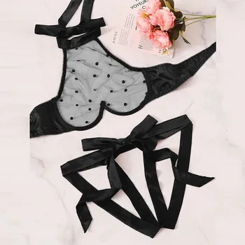 

Mesh Halter Underwear Set Women Transparent Dot Wireless Lingerie Sets 2Piece Set Hollow G-String Thong New Bra & Brief Sets