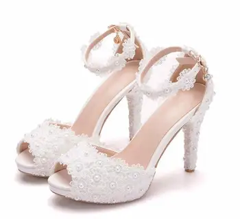

Women Shoes White Sweet Lace Flower Wedding Shoes Woman Fish Mouth High Heels Shoes Thin Platform Shoes Buckle Dress Pumps 40 41