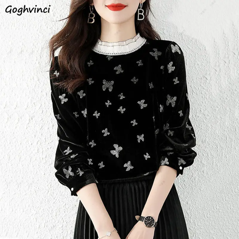 Блузка женская велюровая оверсайз с воротником-стойкой и принтом | Женская