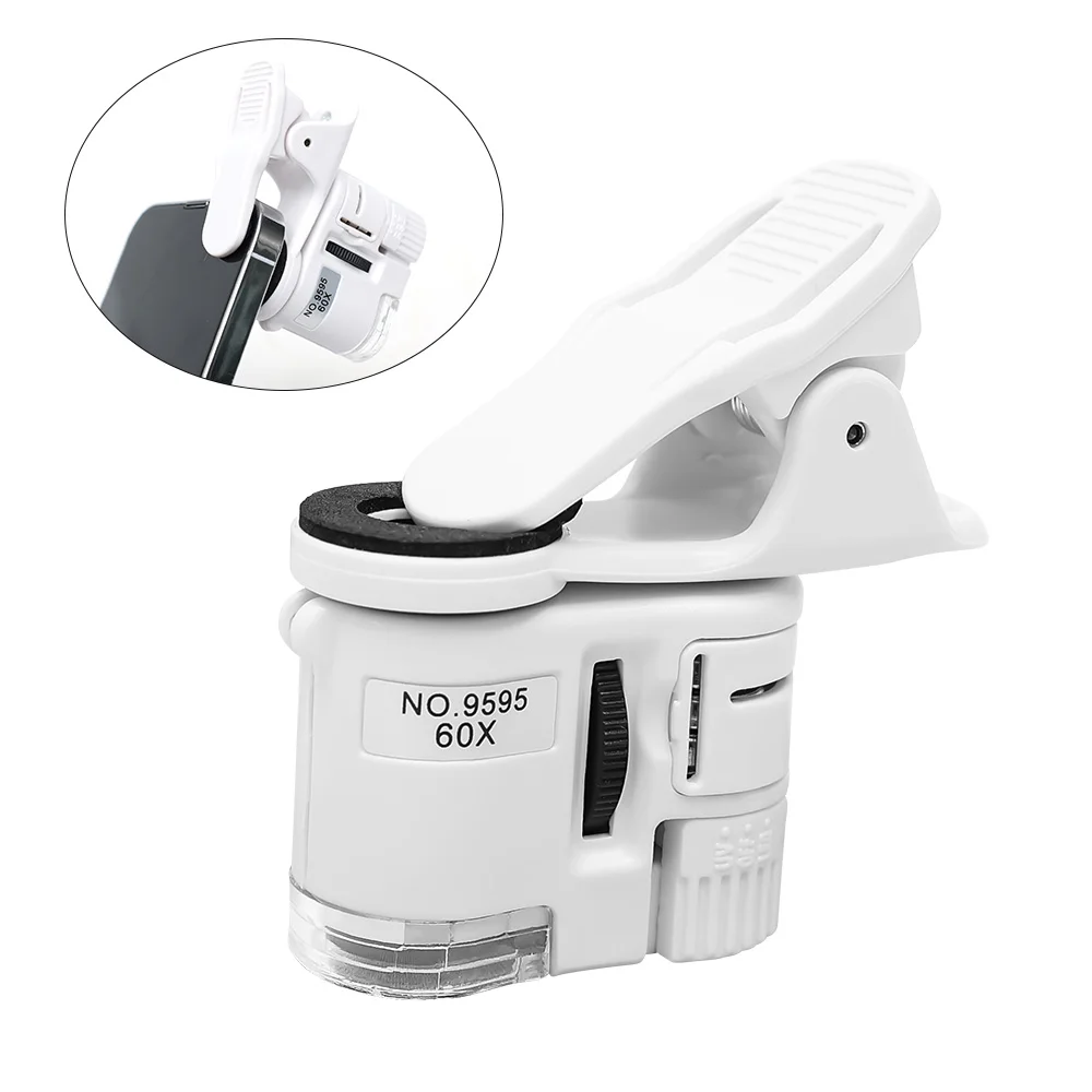 Universal Clip Microscope 60X LED Jewelry Magnifying Glass Focusing Adjusted Pocket Microscope with Cell Phone Clip Microscope best telephoto camera phone