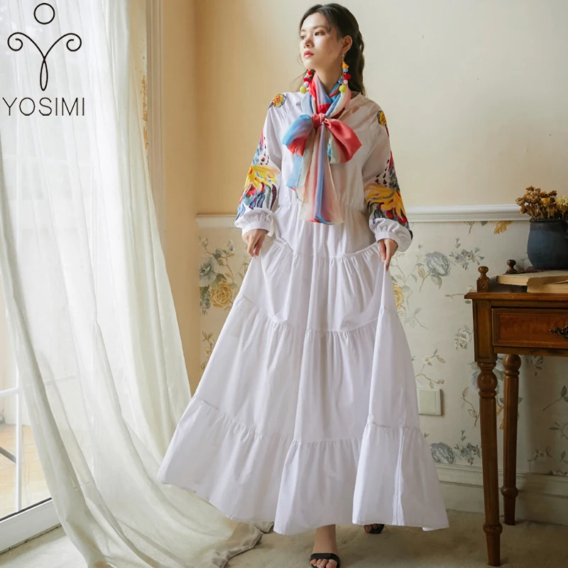 

YOSIMI White Long Women Dress 2020 Autumn Vintage V-neck Long Sleeve Phoenix Embroidery Dress Ankle-Length Loose Navy Dresses