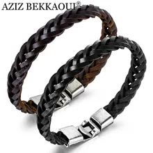 AZIZ BEKKAOUI винтажные черные мужские кожаные браслеты плетеный браслет из нержавеющей стали Мужской панк коричневый браслет ювелирное изделие подарок