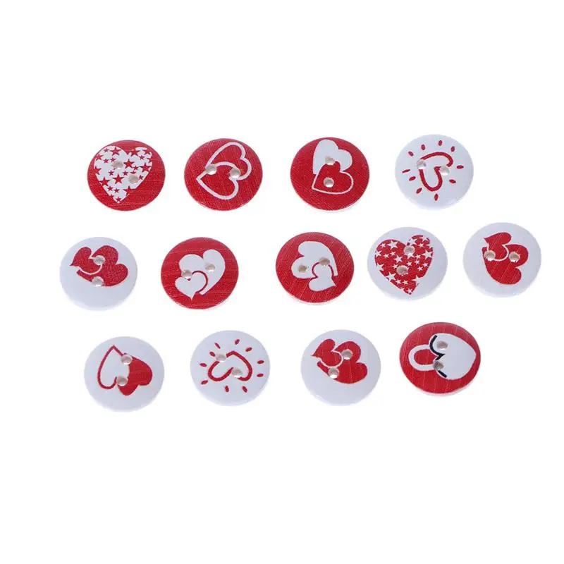 

100pcs 15mm Wooden Buttons Round Wood 2-Holed Fastener Button White Bottom Red Heart Buttons for Sewing Knitting Handcraft