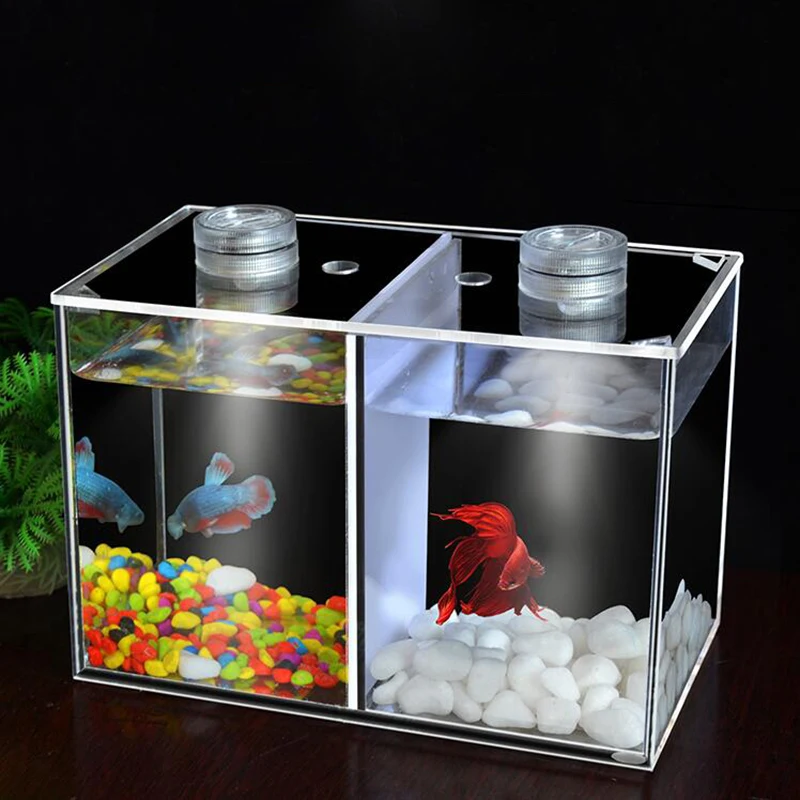 

Transparent Double Grid Fish Tank Small Fish Breeding Box Desk Creative Decoration Mini Aquarium With Light