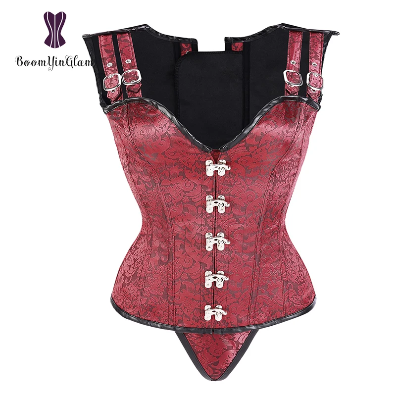 Женский топ жаккардовый корсетный стальной костяной талии Cincher Body Shapewear Жилет стимпанк Корсет Бюстье с стринги Черный Красный 811