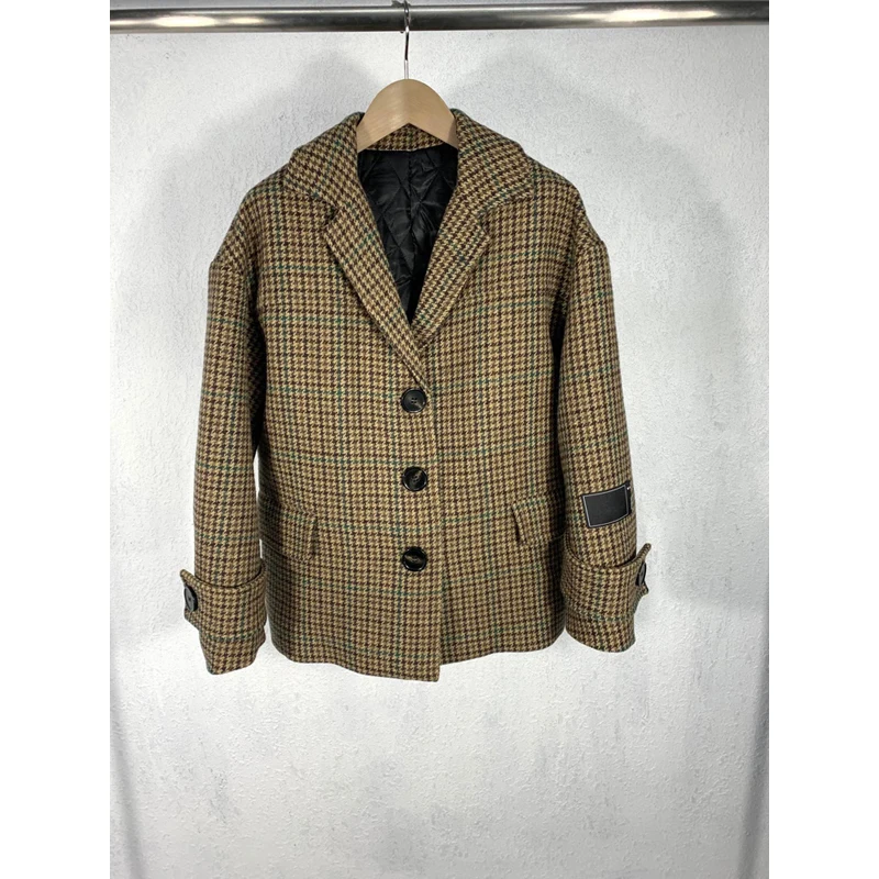 

Hot Sale!!! Autumn 11.15 Winter New Lapel Plaid Houndstooth Cotton Blazer Women High End Fashion Vintage Jacket Coat