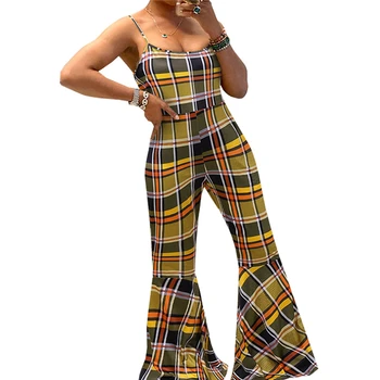 

2020 Fashion Women Sleeveless Bodycon Romper Spaghetti Strap Backless Long Wide Leg Bell Pants One Piece Jumpsuits Playsuit