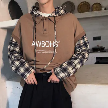 

Autumn New Hoodies Men Fashion Casual Plaid Stitching Hooded Pullover Man Streetwear Hip Hop Loose Sweatshirt Male Hoodie M-2XL