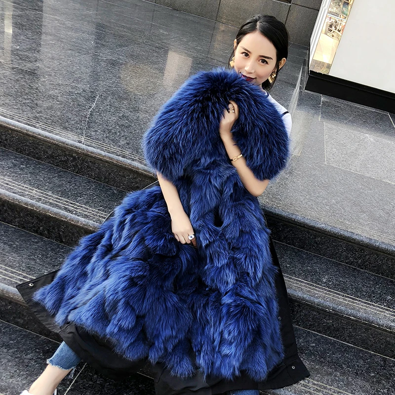 middle long blue Размера плюс Xlong зимняя шуба из натурального Лисьего меха женская Настоящая меховая женская куртка на меху большой меховой капюшон Женская Новинка свободная уличная одежда - Цвет: middle long blue