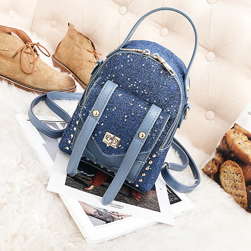 Женский рюкзак из искусственной кожи с блестками, женские рюкзаки, сумки через плечо, сумки через плечо для молодых девушек, подростков, школьные сумки, повседневные сумки, одноцветные - Цвет: Blue