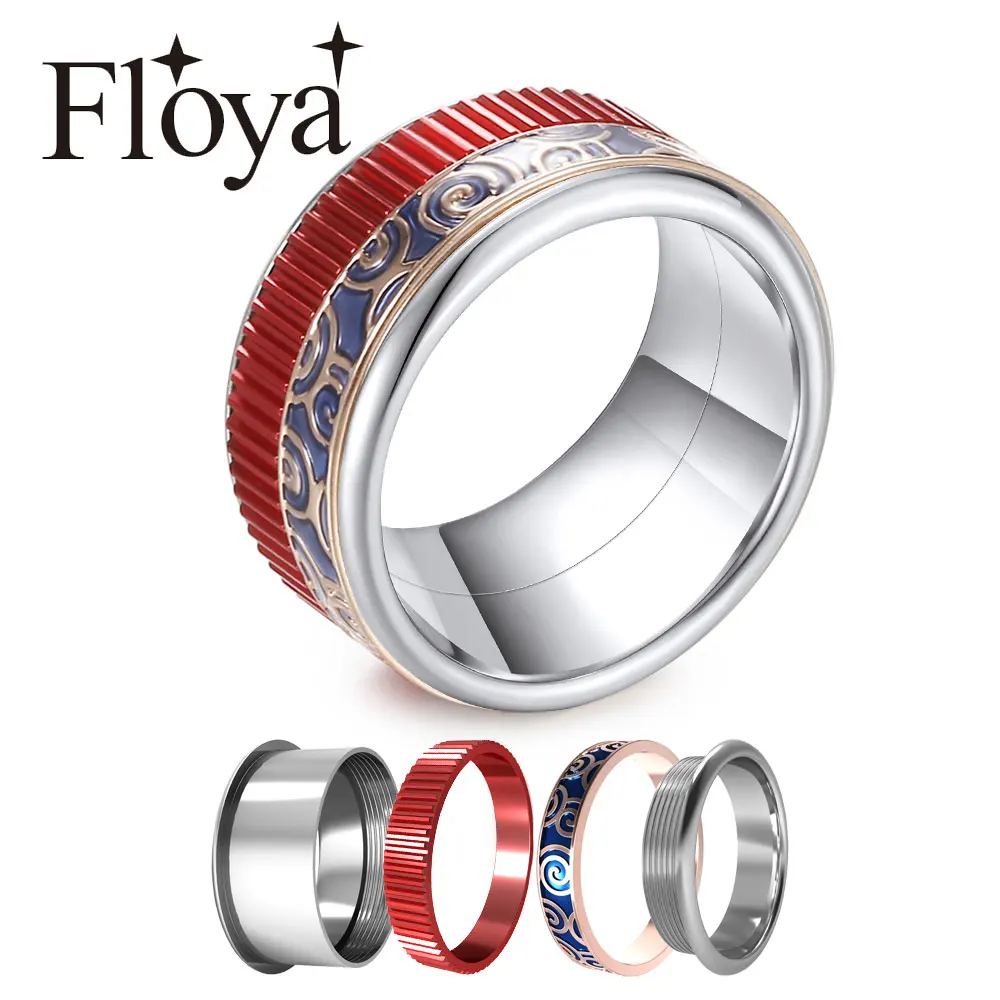 

Floya Rings Set for Women Argent Stainless Steel Ring Red Gear Enamel Wedding Band Reversible Femme Party Gift