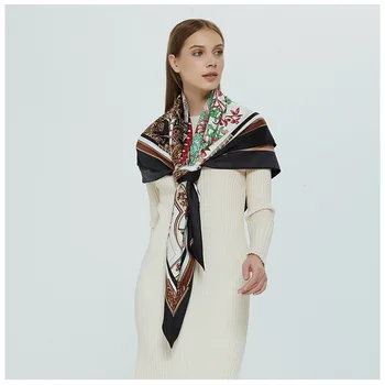 

130*130cm TOP Silk Flower luxurious Scarves Women Foulard Square Hijab Scarf Ladies Shawl wrap muffler pareo female hijab