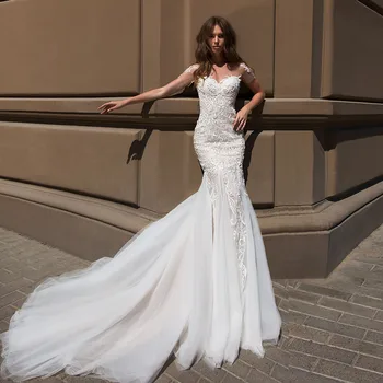 

Elegant Mermaid Wedding Dresses Boho Vestido De Novia Sirena Sexy Open Back Short Sleeve Beading Sequined Lace Slim Bride Gowns