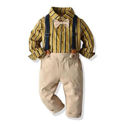 Модный детский комплект одежды для мальчиков, рубашка с бантом и штаны с поясом, детский осенний костюм Рождественская одежда на пуговицах для маленьких мальчиков - Цвет: yellow