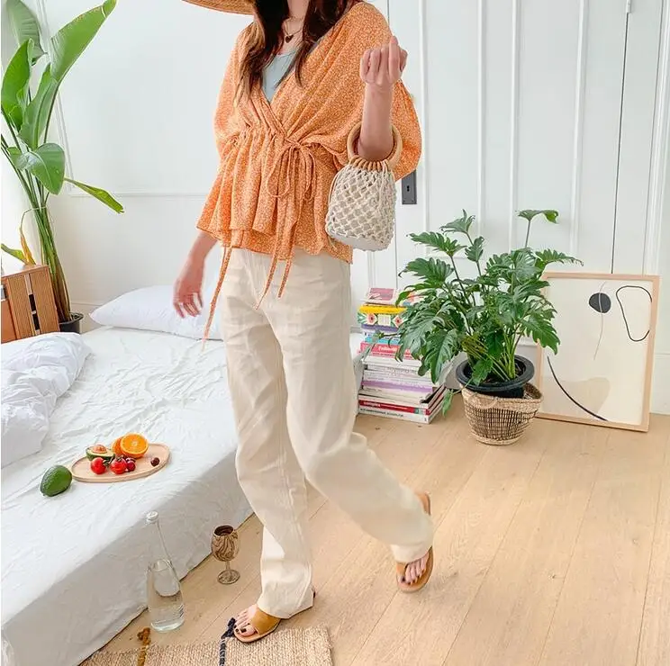 Ladies Handbag Casual Retro Woven Wooden Handle with Inner Cloth Drawstring Bucket Bag Vacation Beach Style