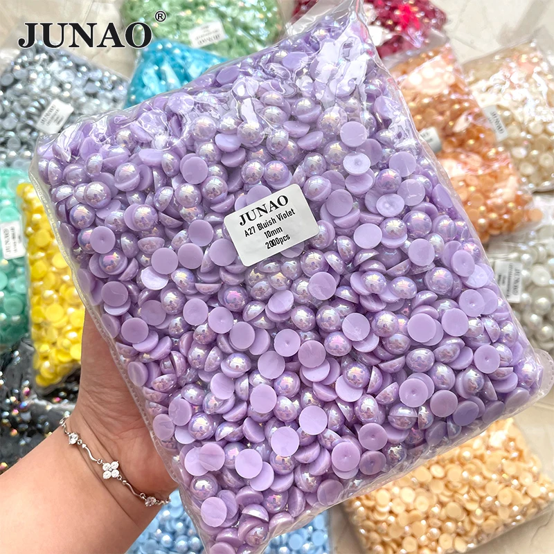 JUNAO 4 6 8 10 12mm Gold Flatback Pearls Half Round Rhinestone Imitation  Pearl Loose Plastic Beads Crystal Stone Stickers