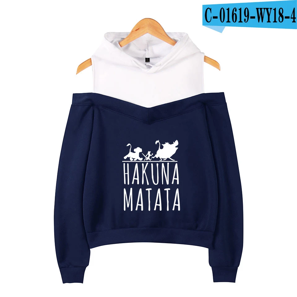 Стиль Льва короля хакуны Матата печать с открытыми плечами с капюшоном рубашка Женская толстовка с капюшоном Горячая Повседневная одежда - Цвет: navy blue