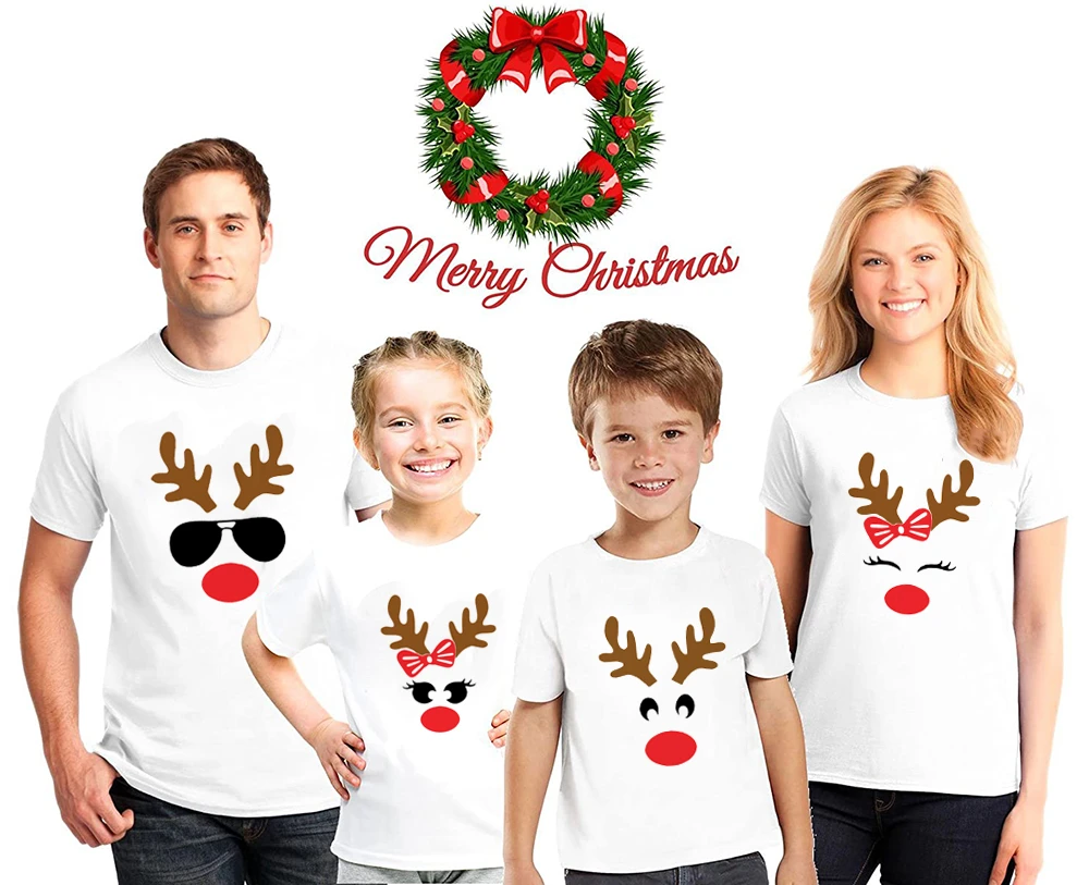 Family Christmas Matching Clothes Mens Deer Print Long Sleeve Shirt Tops Blouse 