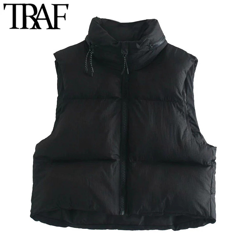 TRAF Women Fashion Hooded Hidden Inside Cropped Padded Waistcoat Vintage Sleeveless Zip up Female Outerwear Chic Tops