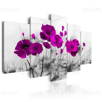 

5 Pieces Red Blue Floral Canvas Painting Purple Poppies Flowers Poster Modern Wall Art Pictures for Bedroom Home Decor