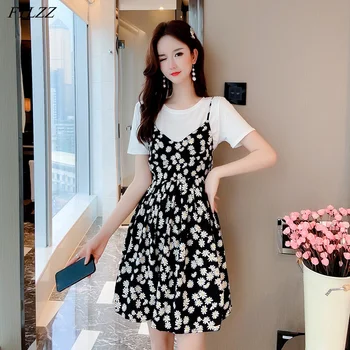 

FTLZZ 2020 New Summer Women Blouse V Neck Floral Print Mini Skirt Two Piece Set Solid Color Shirt Beach Suspender Dress Suits