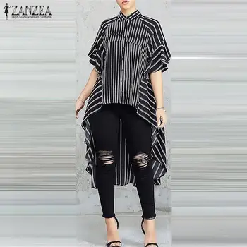 

S 3XL ZANZEA Fashion Short Flare Sleeve Asymmetrical Tunic Tops Summer Women Striped High Low Blouse Shirt Female Blusas Chemise