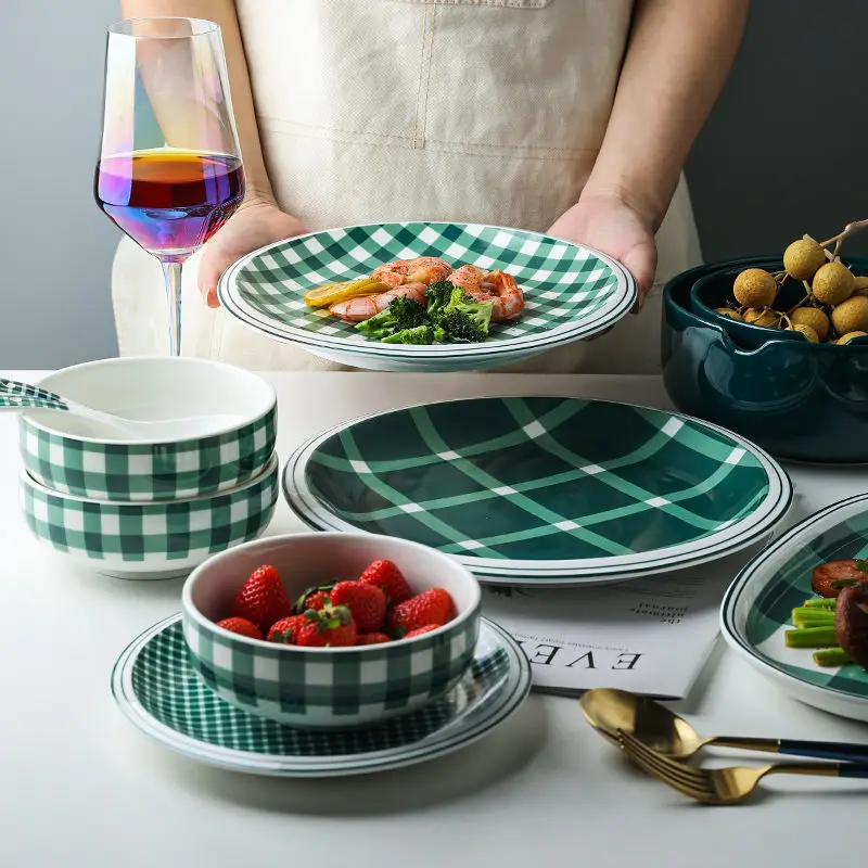 

Lattice Plate Ceramic Tableware Rice Bowl Cute Household Noodle Bowl Steak Plate Dinner Set Plates and Dishes Nordic Kitchen