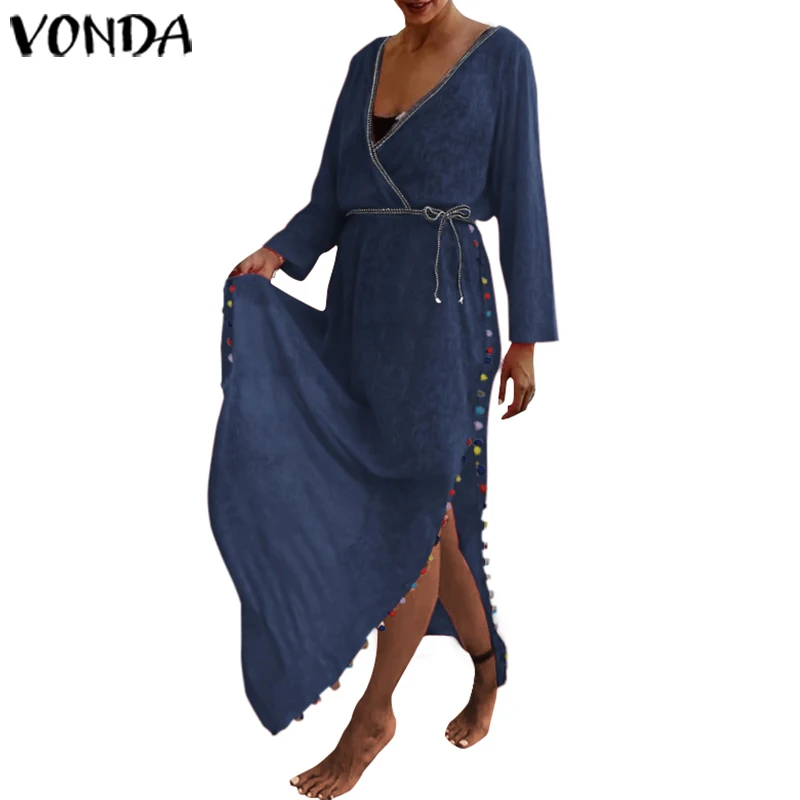 С длинным рукавом платье для беременных VONDA Для женщин сексуальный v-образный вырез однотонный Цвет белое ремень Платья для вечеринок в богемном стиле Vestidos Robe S-5XL