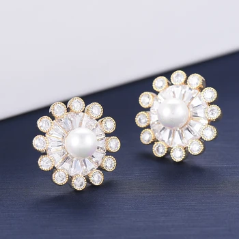 

LARRAURI Trendy korean Stud Cubic Zirconia Earrings Wedding Jewelry Charms Women Flower Shape Imitation Pearl Earrings Jewelry