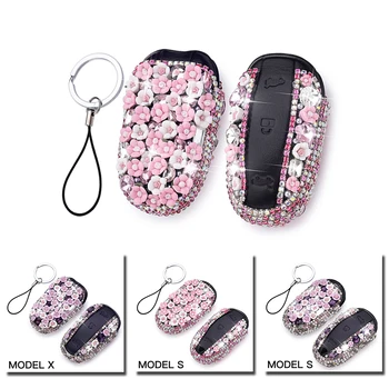 

Fashion Bling Diamond Flower Car Key Case Fob Shell Bag Cover For Tesla Model-X Model-S