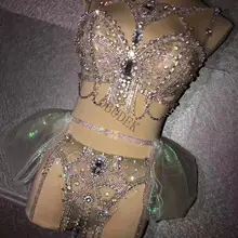 Блестящие стразы, кристалл, наряд с бикини, DJ, для женщин, певец, для танцев на шесте, одежда для сцены, бар, вечерние, модель подиума, нижнее белье, костюм