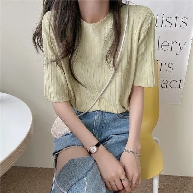 T-shirts Women O-neck Y2k Preppy Style Ins Streetwear All-match Candy Colors Daily Popular Knitted Fit Sweet Ladies Tops Summer 6