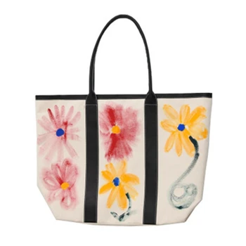 

Canvas big bag 2020 new graffiti cute design flower large capacity one shoulder handbag travel vacation bag