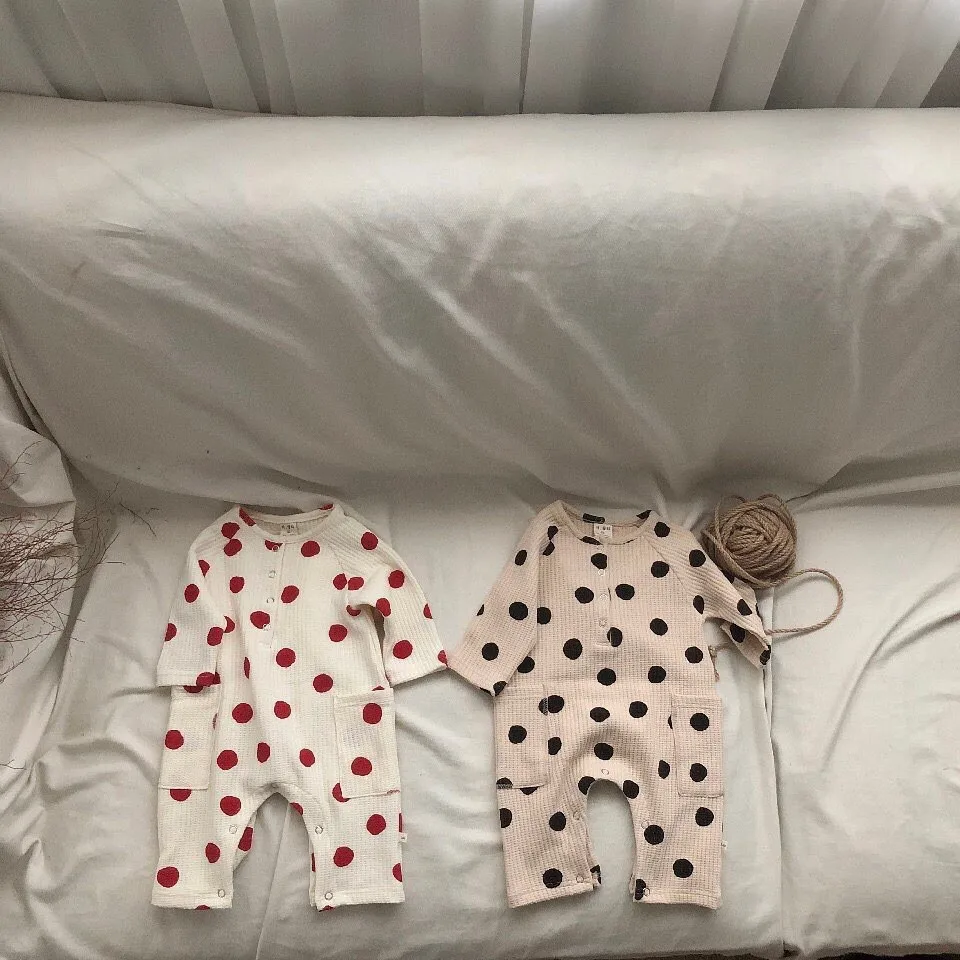 

1993 Dotted Long Sleeve Baby Bodysuit Pocket Overalls For Infant 6m 9m 12m 24m Korean Style Outfits For Kids