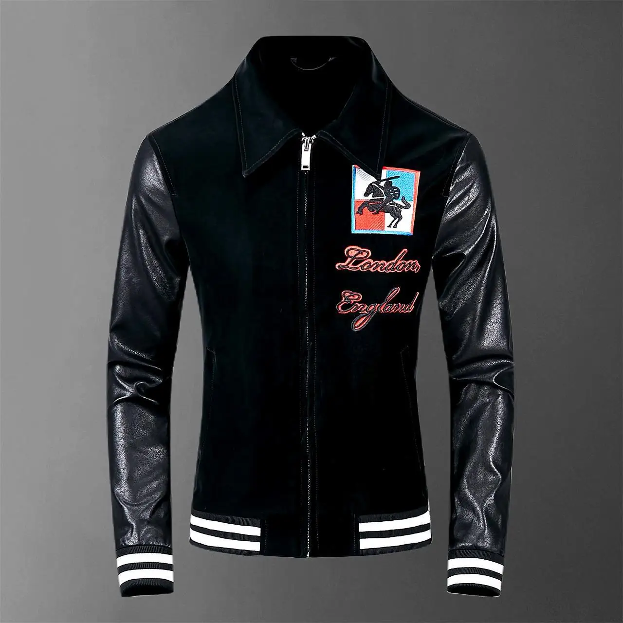 

2019 PU Leather Jackets Men Embroidery High Street Style Turn-down Neck Streetwear Slim Mens Jackets and Coats Sudaderas Hombre