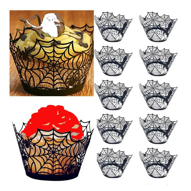 

12Pcs Hollow Bake Cake Paper Cups Spider Web Cupcake Wrappers for Halloween Outdoor Tableware- Type 3