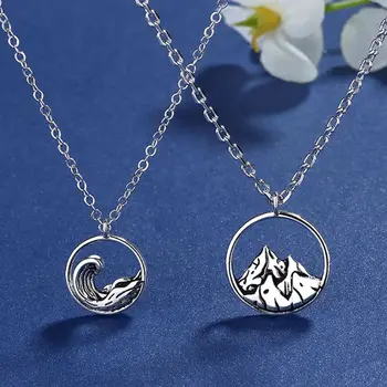 

2Pcs Minimalist Lovers Mountains Rivers Carved Friendship Pendant Necklace Kit For Women Men Couple Love Forever Jewelry