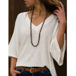 Женская летняя свободная тонкая трикотажная рубашка большого размера, классический темперамент, v-образный вырез, рукав, свитер, женская