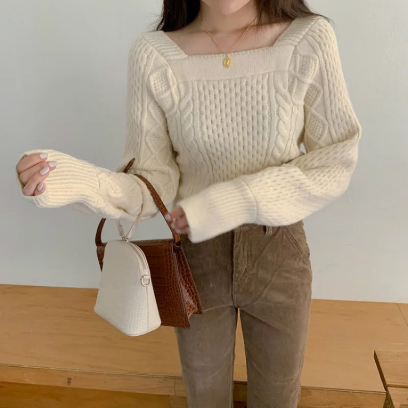 Korean square neck dew collarbone thickened warm knitted sweater female Korean square neck dew collarbone thickened warm knitted sweater female