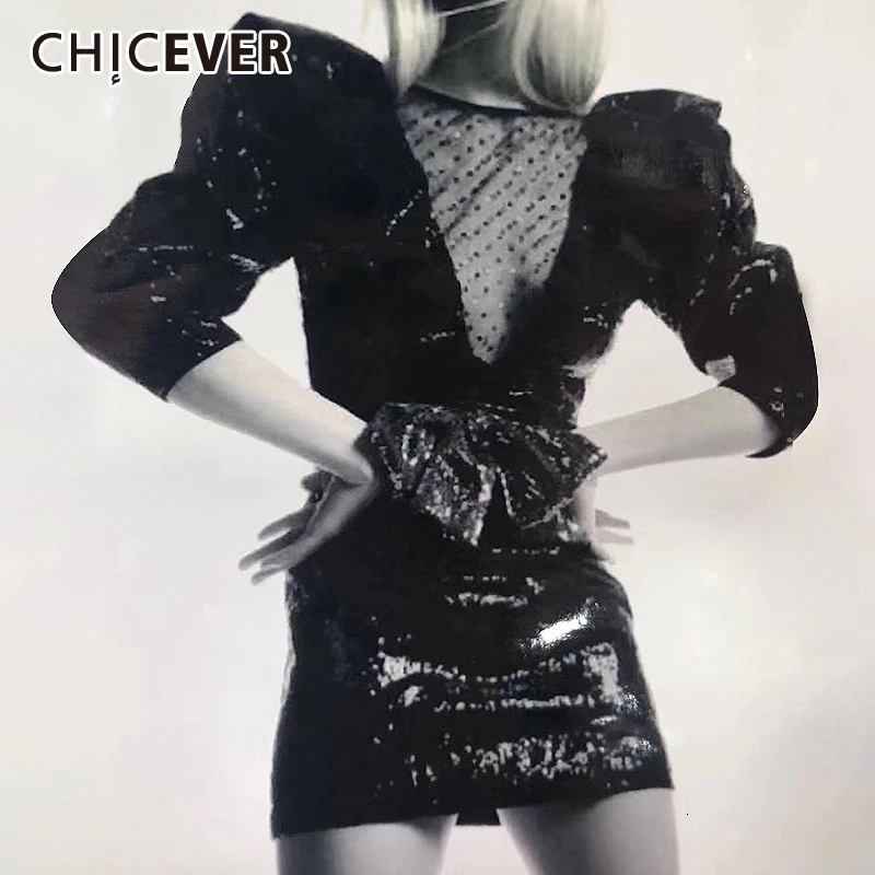 Женское лоскутное мини-платье CHICEVER Сетчатое платье с оборками и блестками