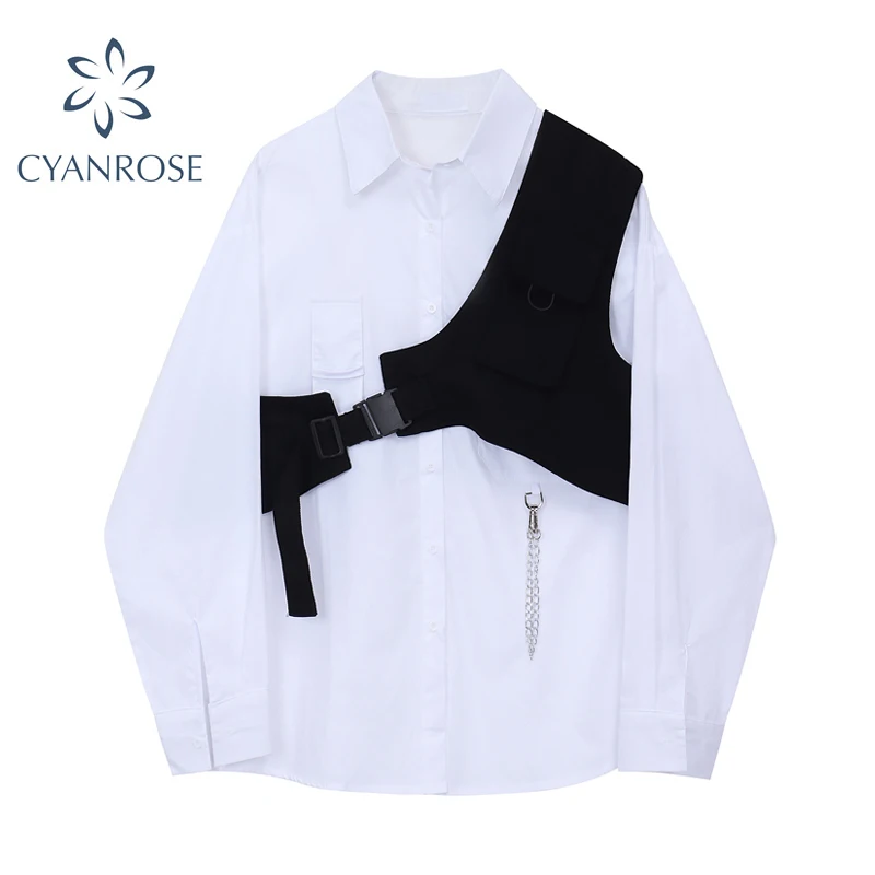 Spring Autumn Two Piece Sets Women Long Sleeve Loose White Blouse Tops + Bandage Black Vest 2021 Fashion Shirt Suits Casual | Женская