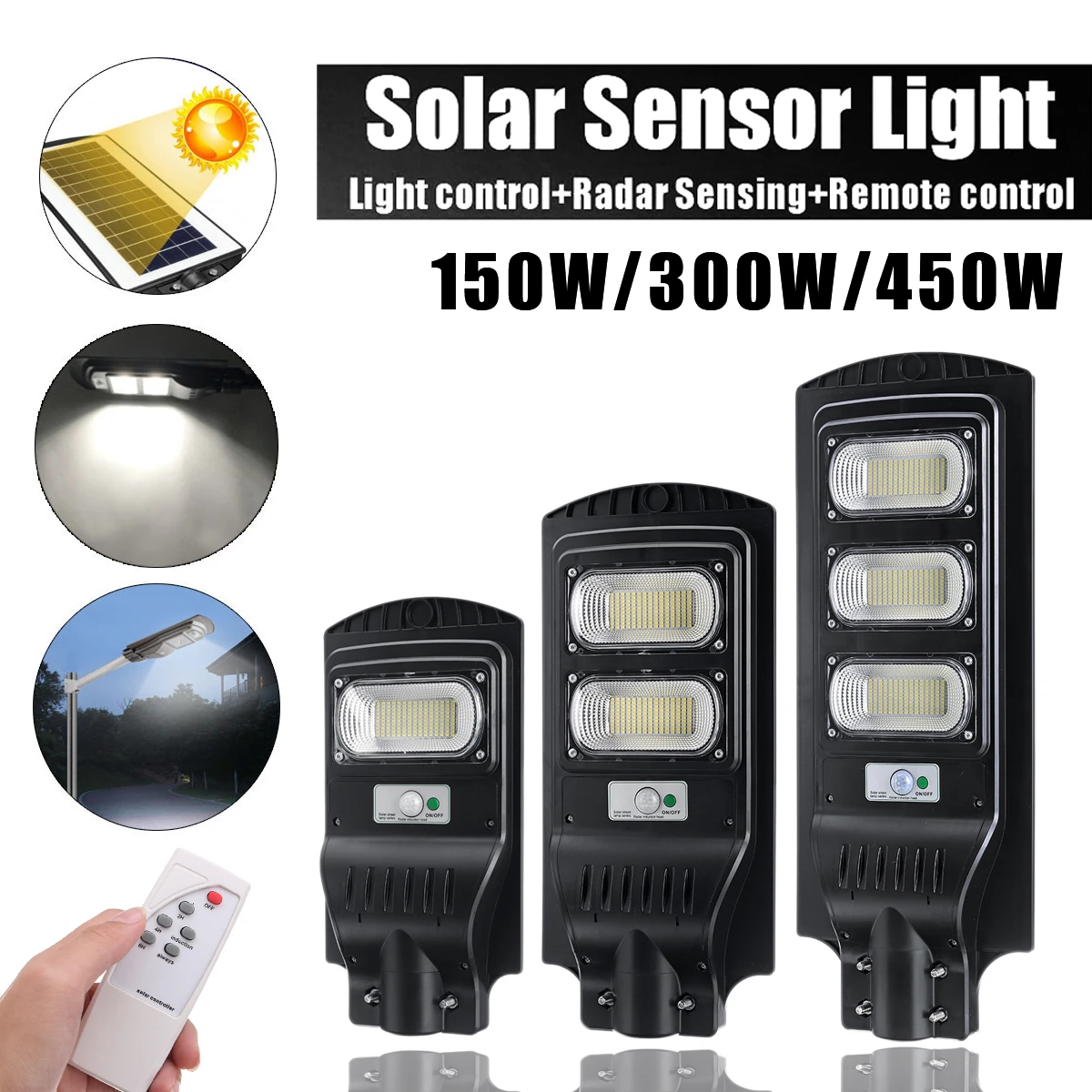 450W Outdoor Solar Street Wall Light PIR Motion Sensor LED Lamp Remote Control 
