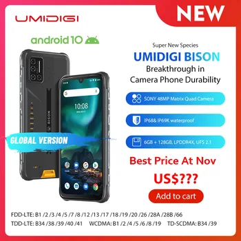

UMIDIGI BISON IP68/IP69K Waterproof Rugged Phone 48MP Matrix Quad Camera 6.3" FHD+ Display 6GB+128GB NFC Android 10 Smartphone