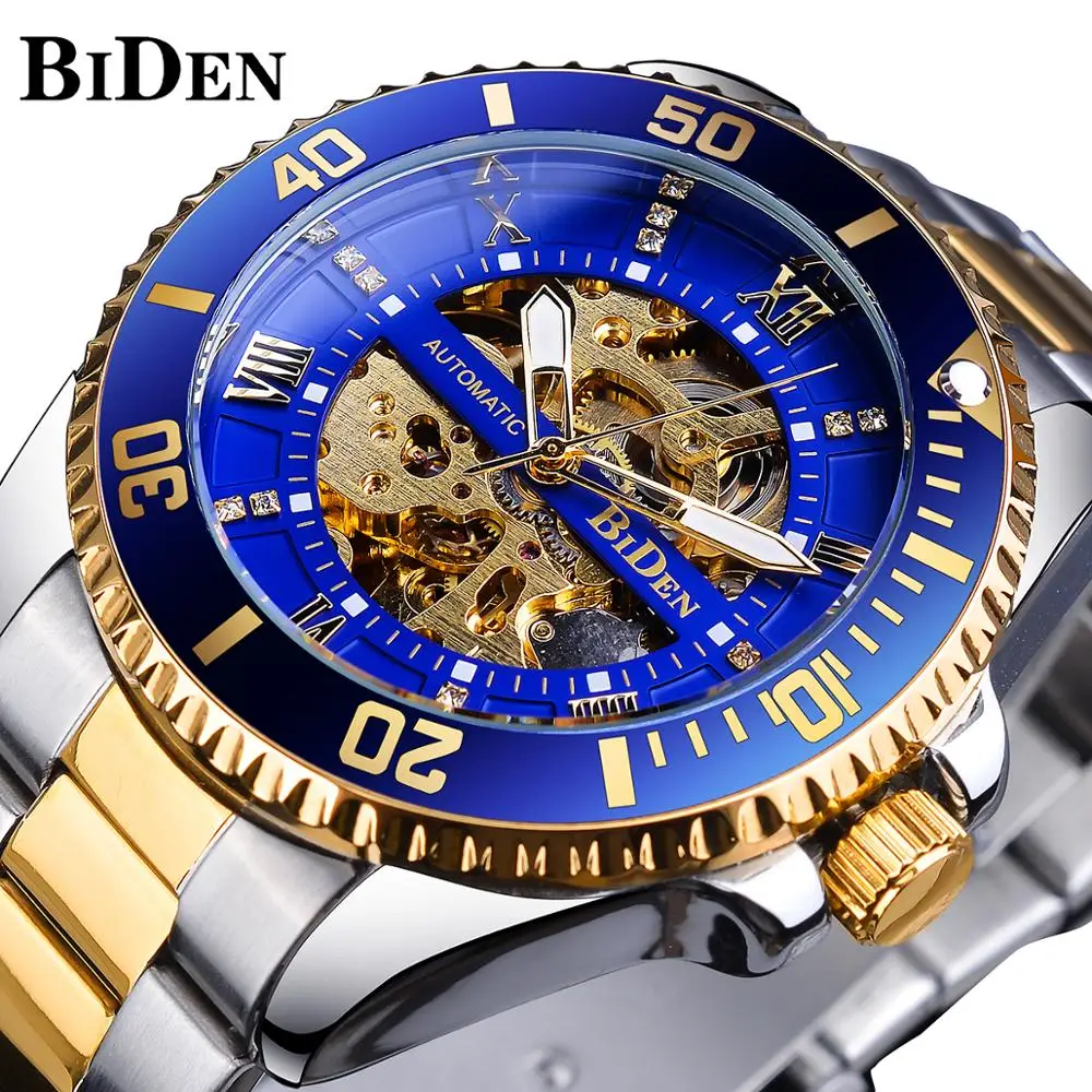 

BIDEN Blue Skeleton Diamond Dial Automatic Watch Golden Silver Stainless Steel Band Waterproof Luminous Hand Mechanical Watch