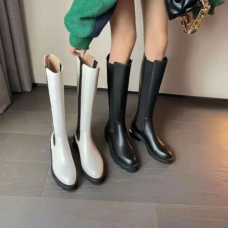 

Женские осенние высокие сапоги, подходящие цвета, на низком каблуке, модные повседневные кожаные мотоциклетные сапоги в стиле ретро, ботинки челси, обувь в стиле панк