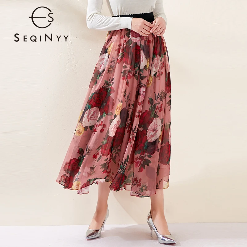 

SEQINYY Chiffon Skirt 2020 Summer Spring New Fashion Design Women A-line Elastic Waist Flowers Printed Long Skirt