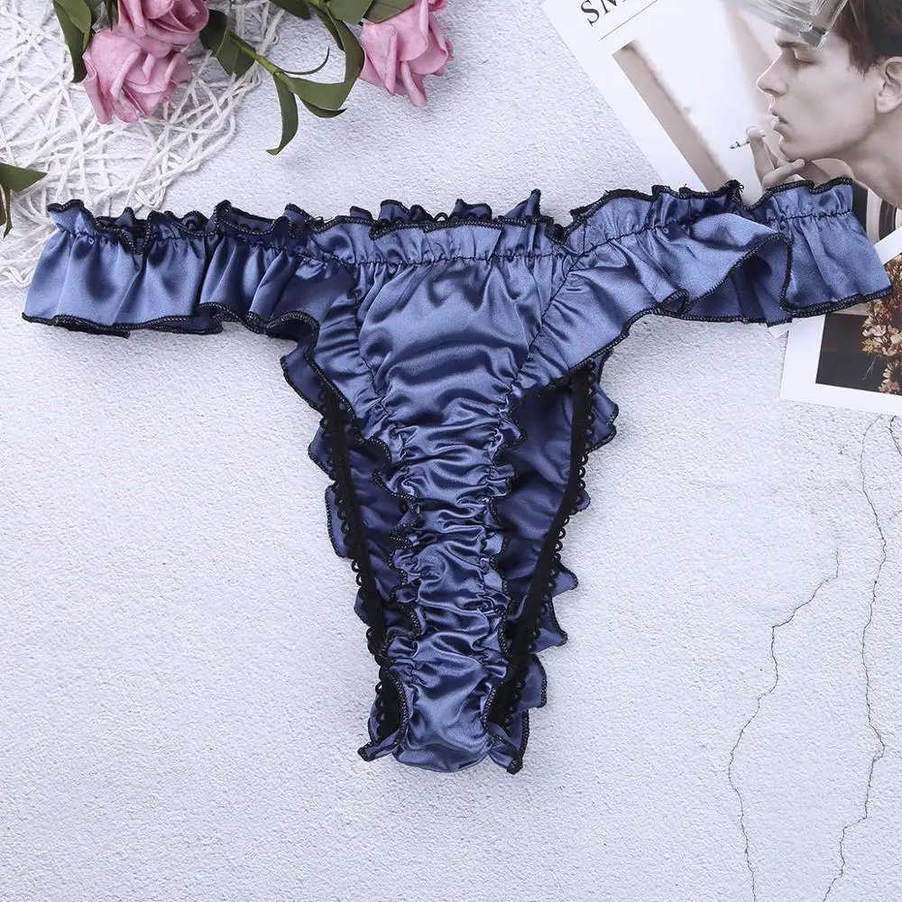 Sexy Men Satin Bikini Briefs Thong Underwear Soft Shiny Ruffled Frilly Sissy Panties High Cut Open Butt Thongs Erotic Lingerie