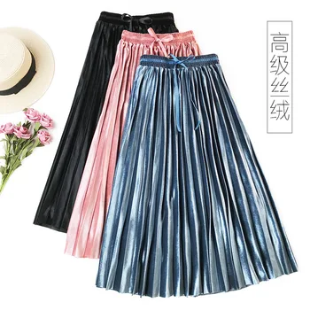 

2020 Autumn & Winter New Arrival Solid Color Velvet Skirt Pleated High Waist Skirt Korean Style Metallic Skirt Free Shipping
