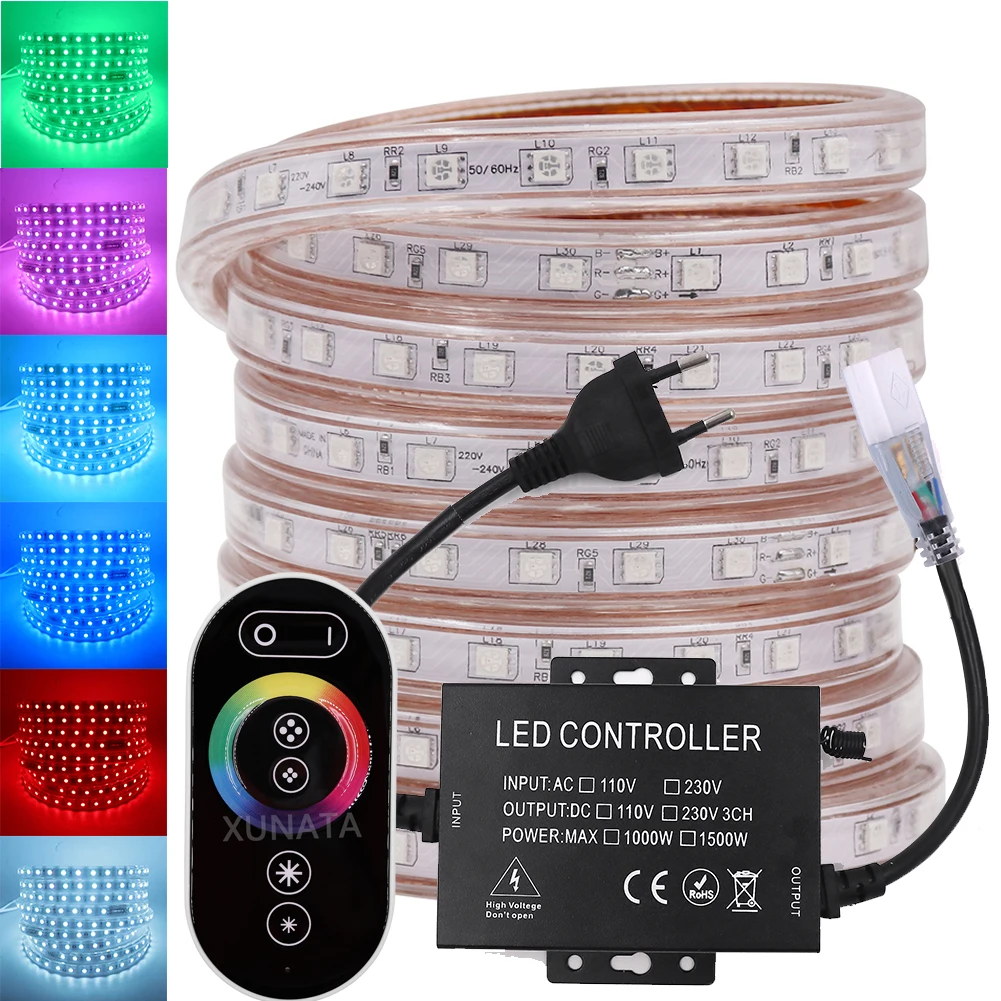 

110V 220V RGB LED Strip 5050 60LEDs/m Waterproof Flexible Ribbon Tape Light Lamp with 1500W Drive Controller RF Touch Remote