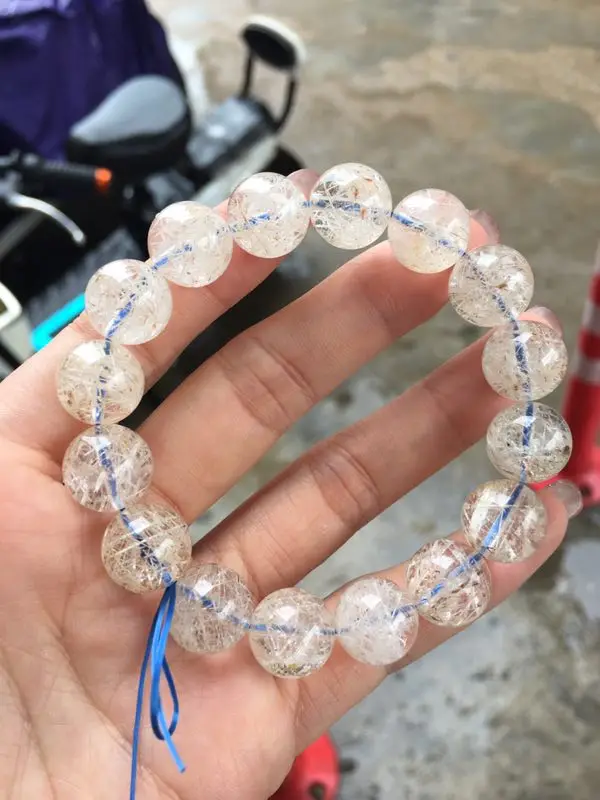 

13mm Genuine Natural White Phenakite Rutilated Quartz Snow Clear Round Beads Bracelet Women Men Rare Stone Rare Beads AAAAAA